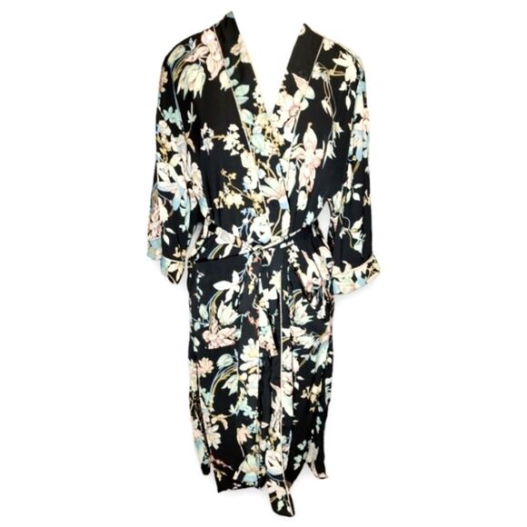 Bleuh Ciel Floral Boho Kimono Duster Jacket Black Floral Botanical US S - Picture 2 of 9